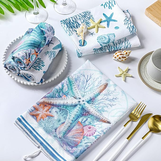 Boyiee Set of 6 Beach Kitchen Towels Coastal Ocean Dish Towels Sea Nautical Tea - Image 2