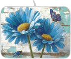 Rustic Daisy Blue on Vintage Wooden Dish Drying Mat by ALAZA
