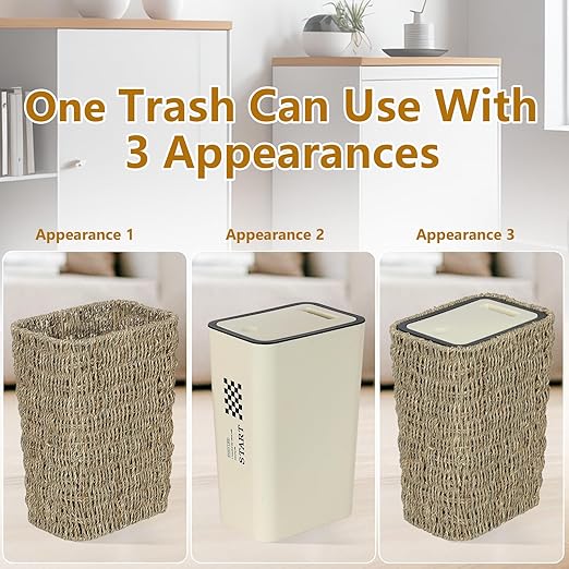 Boho Trash Can with Lid, 3 Gallon Small Rattan Trash Can with Press Top Lid - Image 3