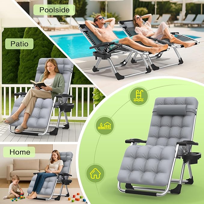 Suteck Zero Gravity Chair, Reclining Camping Lounge Chair w/Removable Cushion, Upgraded Lock and Cup Holder, Reclining Patio Chairs Folding Recliner for Indoor and Outdoor - Image 6