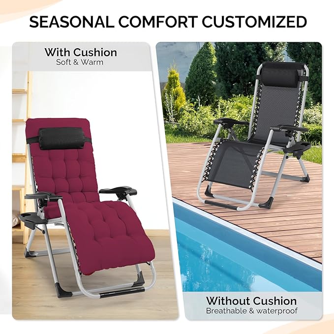 VINGLI Padded Zero Gravity Chair, Lounge Chair with Removable Cushion & Tray， Folding Reclining Patio Chairs， Recliner Chair for Lawn，Indoor Outdoor-Red - Image 7