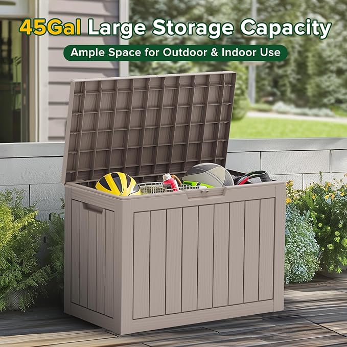 TARKARI 45 Gallon Lockable Resin Deck Box, Waterproof & UV-Resistant Outdoor Storage Box for Outdoor Cushion Storage, Garden Tools & Pool Accessories Storage, Gray - Image 5