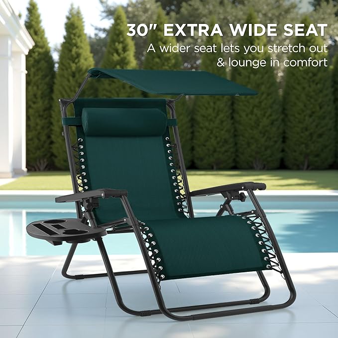 Best Choice Products 30” Wide Folding Zero Gravity Outdoor Recliner Patio Lounge Chair w/Adjustable Canopy Shade, Headrest, Side Accessory Tray - Forest Green - Image 3