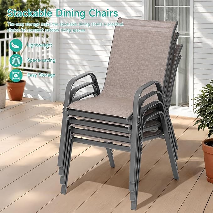Patio Chairs Set of 6, Easily Set Up Stackable Outdoor Dining Chairs with High Back and Wide Seat, All Weather Breathable Outdoor Chairs Set of 6 with Metal Frame for Backyard Deck Pool, Brown - Image 5