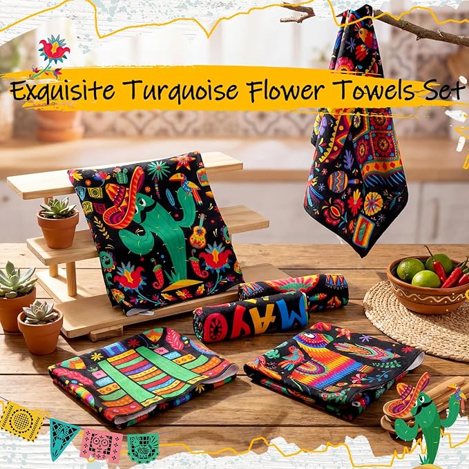 Breling Set of 6 Mexican Kitchen Towels Floral Dish Towel Cinco De Mayo - Image 3