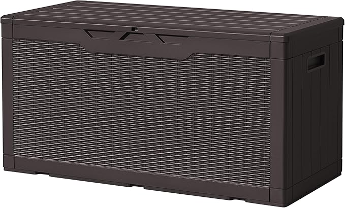 Devoko 97 Gallon Deck Box, Waterproof Resin Outdoor Storage Box for Outside and Patio, Large Outdoor Storage Bench Cabinet Lockable for Patio Furniture, Garden Tools and Pool Supplies (Deep Brown) by DEVOKO