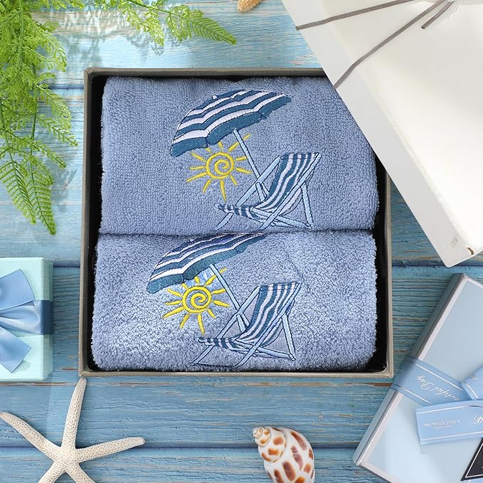 2 Pcs Beach Chair Hand Towels Slate Blue Bathroom Decor 14x29 Inch Embroidered - Image 6