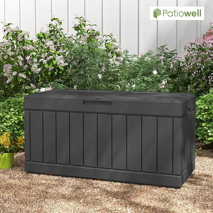 Patiowell 82 Gallon Resin Deck Box, Waterproof Large Wood Look Storage Box for Patio Furniture, Pool Accessories, Garden Tools and Sports Equipment, Lockable, Black - Image 7