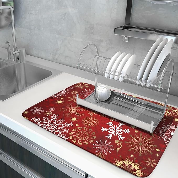 Red Snowflake Dish Drying Mat for Kitchen Counter Holiday Super Absorbent - Image 5