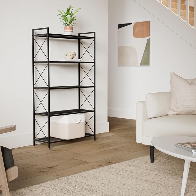 SONGMICS 5-Tier Metal Storage Rack, Shelving Unit with X Side Frames, Dense Mesh, 12.6 x 31.5 x 57.3 Inches, for Entryway, Kitchen, Living Room, Bathroom, Industrial Style, Ink Black UBSC185B01 - Image 2