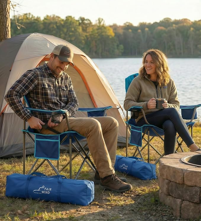 FAIR WIND 2 Pack Heavy Duty Camping Chair, Oversized Padded Folding Chair for Big and Tall (450lbs), Extra Wide Seat with Integrated Cooler & Storage Pocket, Adjustable Lumbar Support for Outdoor - Image 2