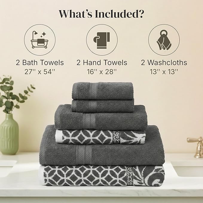 Modern Threads Trefoil Filigree 6-Piece 100% Cotton Towel Set – Reversible Yarn - Image 3