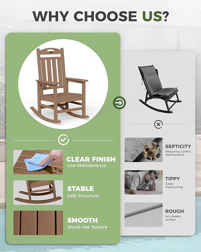 Oversized Outdoor Rocking Chairs Set of 4, High Back Porch Rocker Chair, HDPE All Weather Resistant Rocking Chairs for Patio,380lbs Weight Capacity, Teak - Image 8