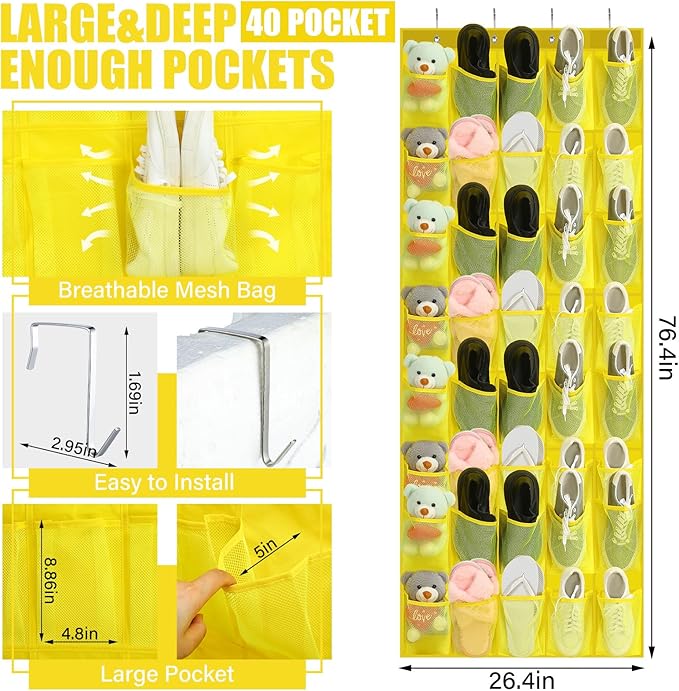 Windyun 40 Over the Door Shoe Organizer Large Mesh Pocket Hanging Shoe Rack - Image 2