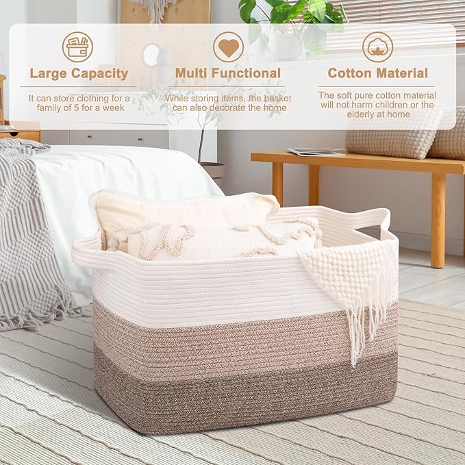 OIAHOMY Extra Large Blanket Basket, 95L Cotton Rope Woven Laundry Basket - Image 5