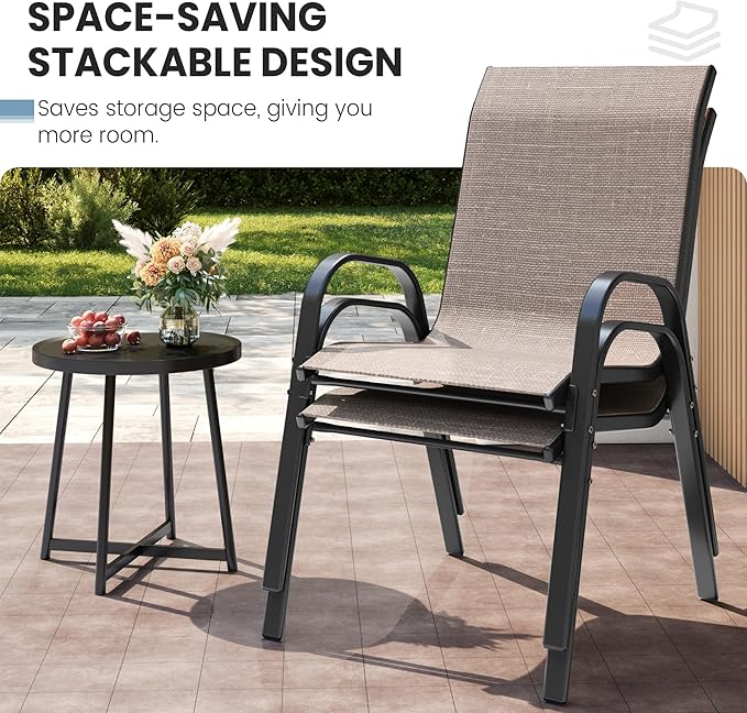 Patio Dining Chairs Set of 2, Outdoor Stackable Chairs, Breathable Seat and Alloy Steel Frame Fit for Backyard,Garden,Porch, Lawn，Poolside (Light Brown) - Image 8