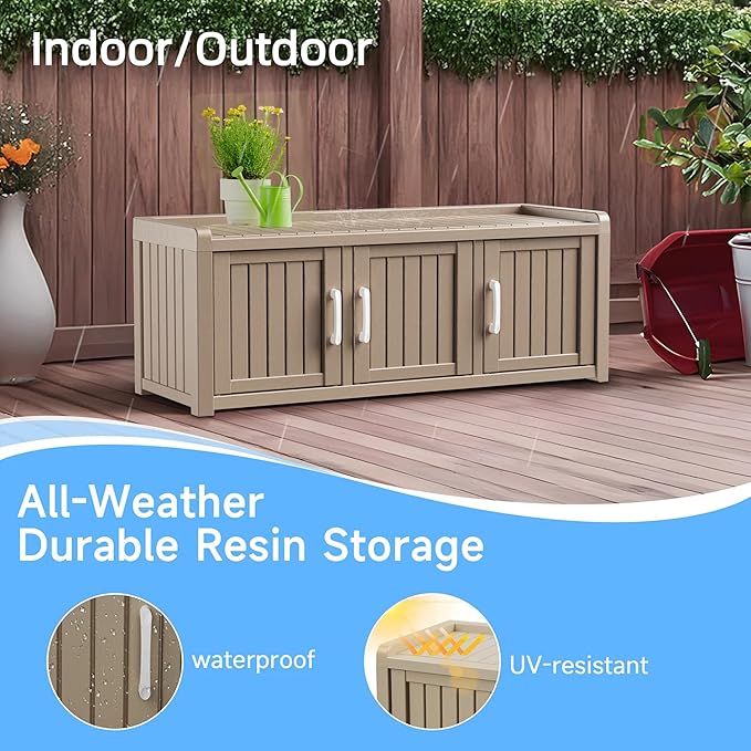 3 Doors Shoe Bench, Waterproof & UV-Resistant, Resin Shoe Cabinet Indoor & Outdoor Use, Entryway Bench with Adjustable Shelves & Hidden Storage Space for Bedroom, Hallway, Grey - Image 5