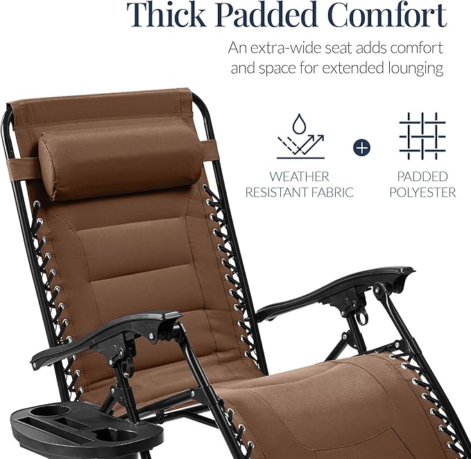Best Choice Products Oversized Padded Zero Gravity Chair, Folding Outdoor Patio Recliner, XL Anti Gravity Lounger for Backyard w/Headrest, Cup Holder, Side Tray, Polyester Mesh - Dark Brown - Image 4
