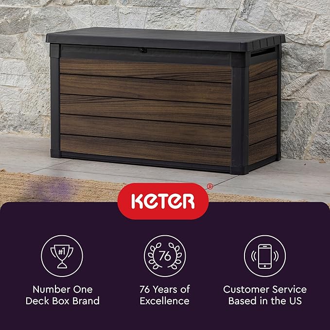 Keter Rosewood 100 Gallon Resin Deck Box Organization and Storage for Patio Furniture Outdoor Cushions, Throw Pillows, Garden Tools and Pool Toys - Image 10