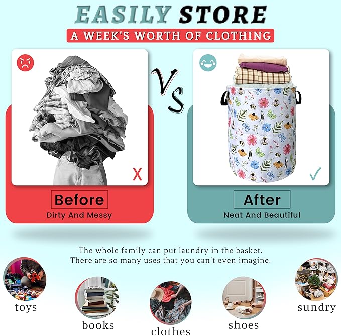 Cute Bee Floral Flowers Laundry Basket Foldable - Image 3