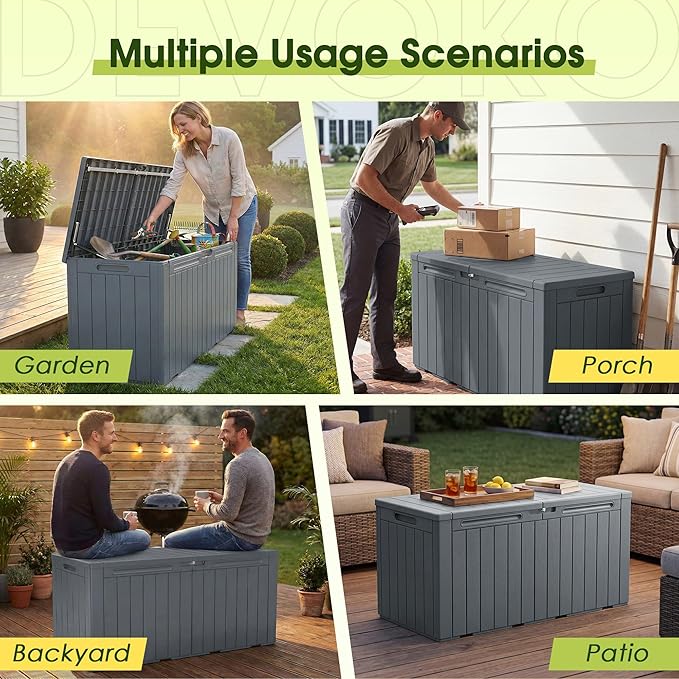 Devoko 100 Gallon Outdoor Storage Box, Waterproof Resin Deck Box for Patio Furniture, Lockable Container for Garden Cushions & Pool Supplies (Gray, 100 Gallon) - Image 4
