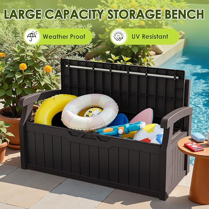 Greesum 80 Gallon Outdoor Storage Bench, Resin Patio Furniture with Armrest,Waterproof and UV-Resistant, Perfect to Garden, Poolside and Lawn, Dark Brown - Image 6