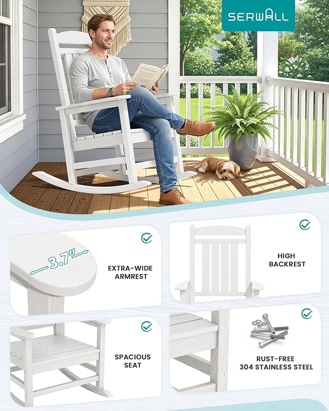 SERWALL Outdoor Rocking Chairs Set of 4, Oversized HDPE Porch Rockers for Adults, All-Weather Composite Patio Rocking Chairs, White - Image 7