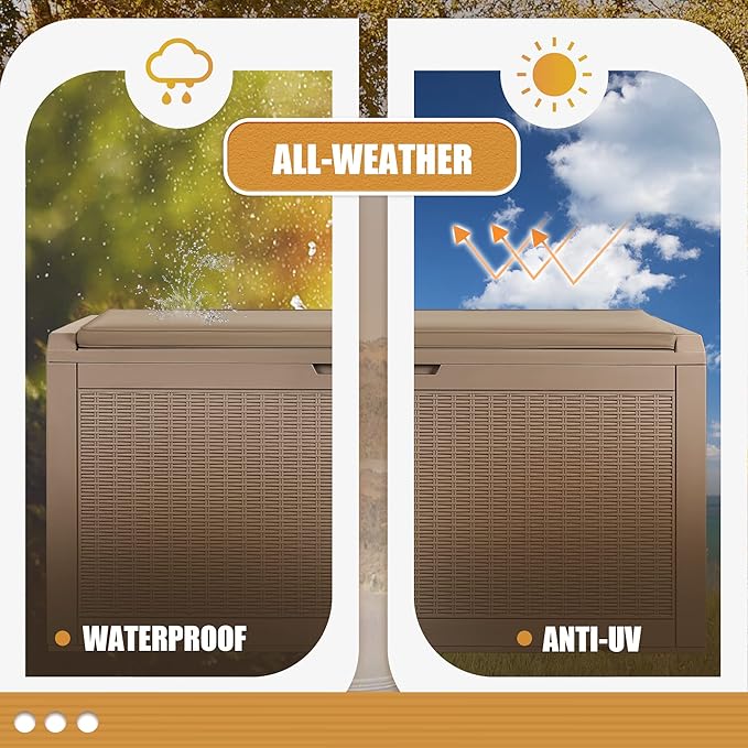 Devoko 100 Gallon Waterproof Large Resin Deck Box Outdoor Storage Box Indoor Lockable Storage Container with Cushion for Patio Furniture Garden Pool Cushions (Light Brown) - Image 4