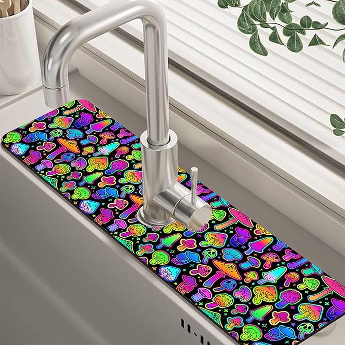 Bright Psychedelic Mushroom Kitchen Sink Splash Guard Mat Absorbent Fast Drying by Unknown