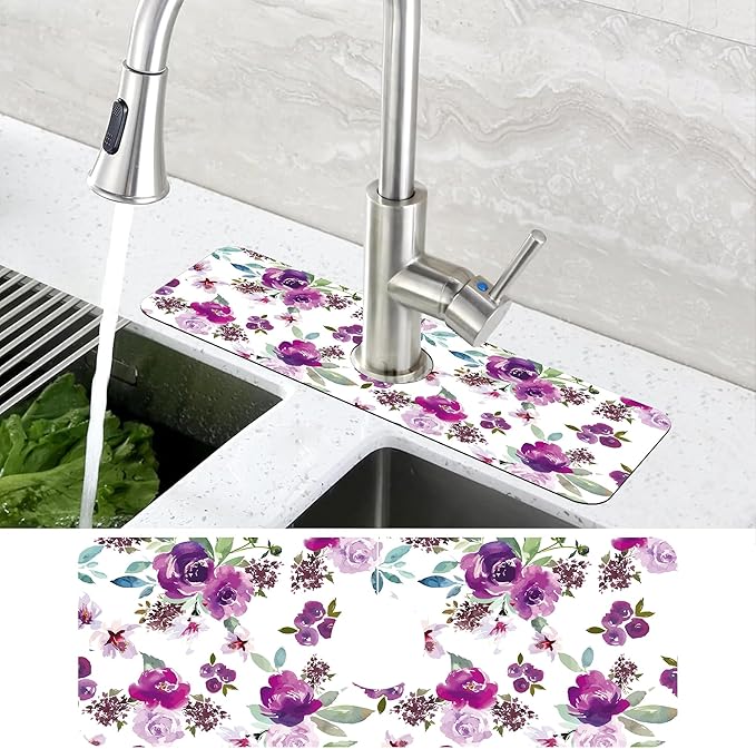 Watercolor Purple Flowers Faucet Absorbing Mat Splash Guard Draining Mat Fast - Image 4