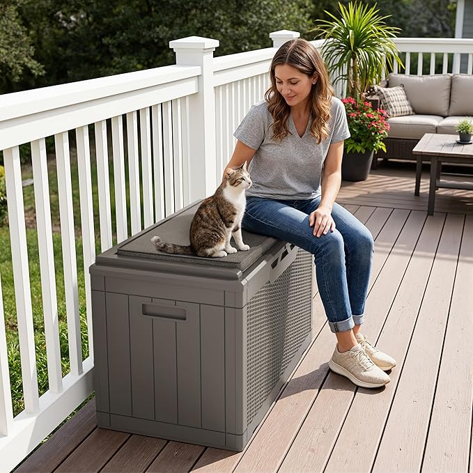 Greesum 100 Gallon Resin Deck Box Large Outdoor Storage Boxes with Cushions for Garden Tools, Patio Furniture Pillows, Pool Supplies, Light Coffee - Image 3
