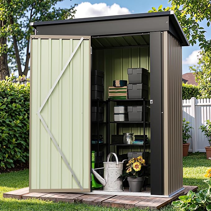 Patiowell 5x3 FT Outdoor Storage Shed, Tool Shed with Sloping Roof and Lockable Door, Metal Shed for Backyard Garden Patio Lawn, Brown - Image 8