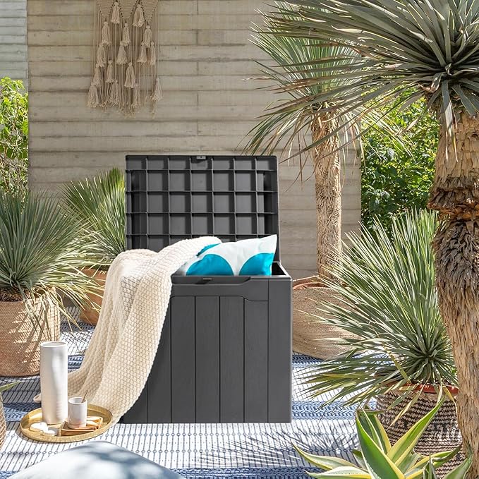 JUMMICO 31 Gallon Resin Deck Box Waterproof Indoor Outdoor Storage Boxes for Patio Furniture Cushions and Garden Tools (Gray) - Image 7