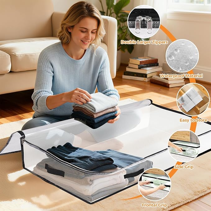 2 Pack Under Bed Storage Bags, 90L Foldable Clear Storage Containers - Image 3