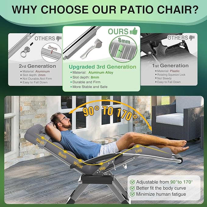 Suteck Oversized Zero Gravity Chair,33In XXL Lounge Chair w/Removable Cushion&Headrest, Reclining Camping Chair w/Upgraded Lock and Footrest, Reclining Patio Chairs Recliner for Indoor Outdoor,500LBS - Image 4