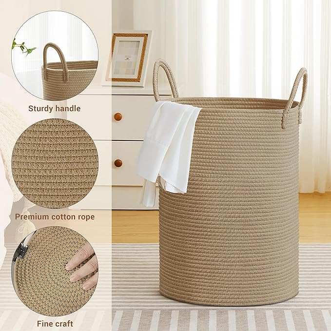 Tall Laundry Basket with Handles, 72L Portable Dirty Clothes Hamper, Boho - Image 3