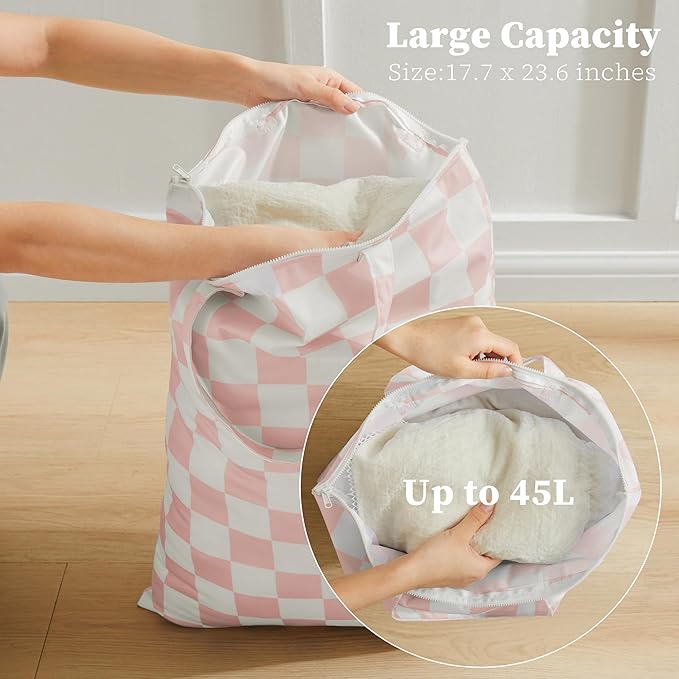 Pink Checkered 2 Pcs Large Travel Laundry Bags - Image 6