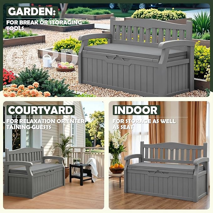 Flamaker 80 Gallon Storage Bench with Cushions Outdoor Indoor, Durable All-Weather Seating with Hidden Storage, Lockable Deck Box for Garden, Patio, Poolside (Grey) - Image 5