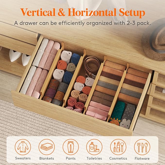 Lifewit 5" High 6 Pack Bamboo Drawer Dividers 45-55cm/17.5-22" Adjustable - Image 4