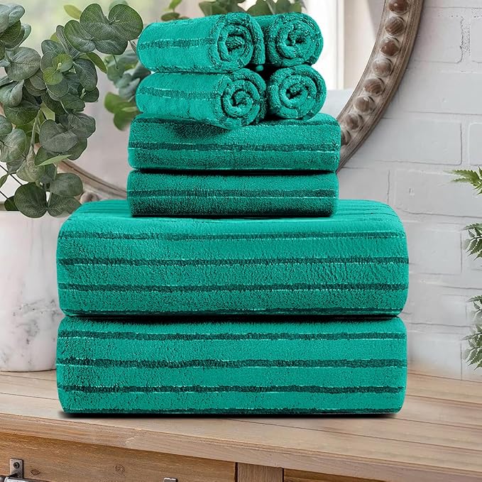 8 Pcs Blue Green Cabana Stripe Large Bath Towel Set by Oliven