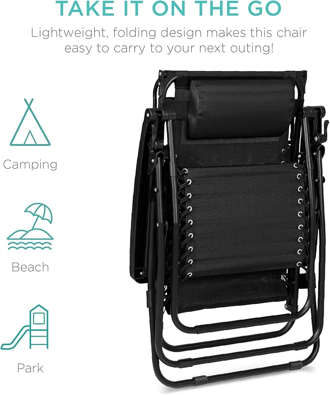 Best Choice Products Folding Zero Gravity Outdoor Recliner Patio Lounge Chair w/Adjustable Canopy Shade, Headrest, Side Accessory Tray, Textilene Mesh - Black - Image 8