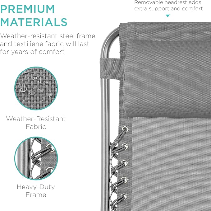 Best Choice Products Set of 2 Adjustable Steel Mesh Zero Gravity Lounge Chair Recliners w/Pillows and Cup Holder Trays - Dove Gray - Image 6