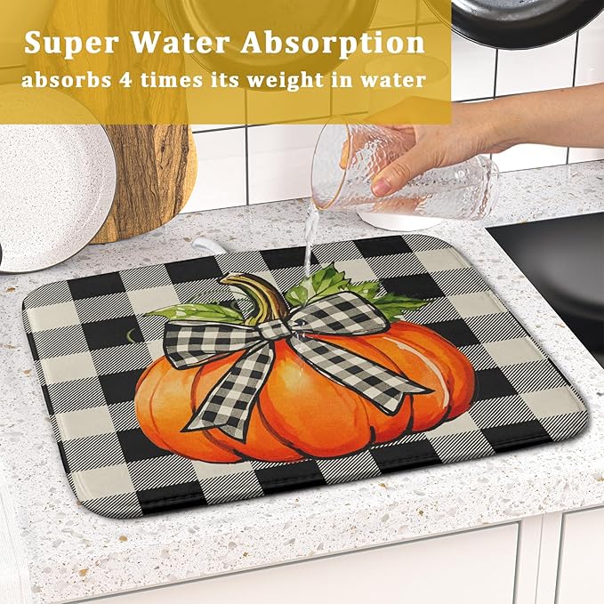 Fall Dish Drying Mat for Kitchen Counter 16x18 Autumn Pumpkin Plaid Theme - Image 7