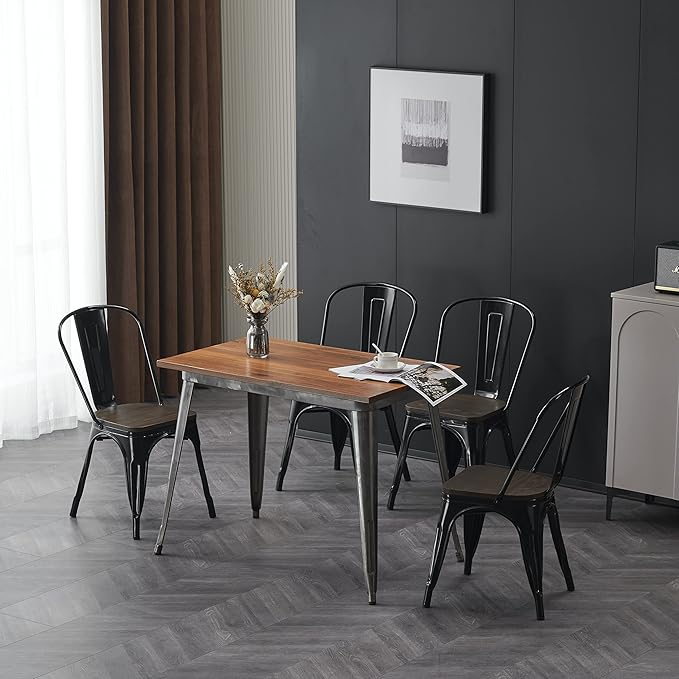 Nazhura Metal Dining Chair Farmhouse Tolix Style for Kitchen Dining Room Café Restaurant Bistro Patio, 18 Inch, Stackable, Waterproof Indoor/Outdoor (Sets of 4) (Black with Wood Padding) - Image 2
