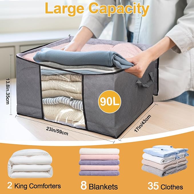 2 Pack Clothes Storage Bags, 90L Large Blanket Storage Bag Comforter Storage Bin - Image 2