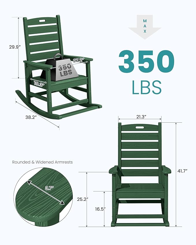 SERWALL Outdoor Rocking Chair Set of 4, Oversized HDPE Patio Rocking Chair with Footrest for Adults, All Weather Porch Rocker for Deck Patio Balcony, Green - Image 3