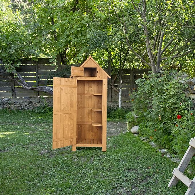 Outvita Outdoor Storage Cabinet, 70in Wooden Vertical Garden Tools Shed, Patio Storage Organizer with Latch & Waterproof Roof for Yard Deck Lawn Farmland Equipment(Natural) - Image 4