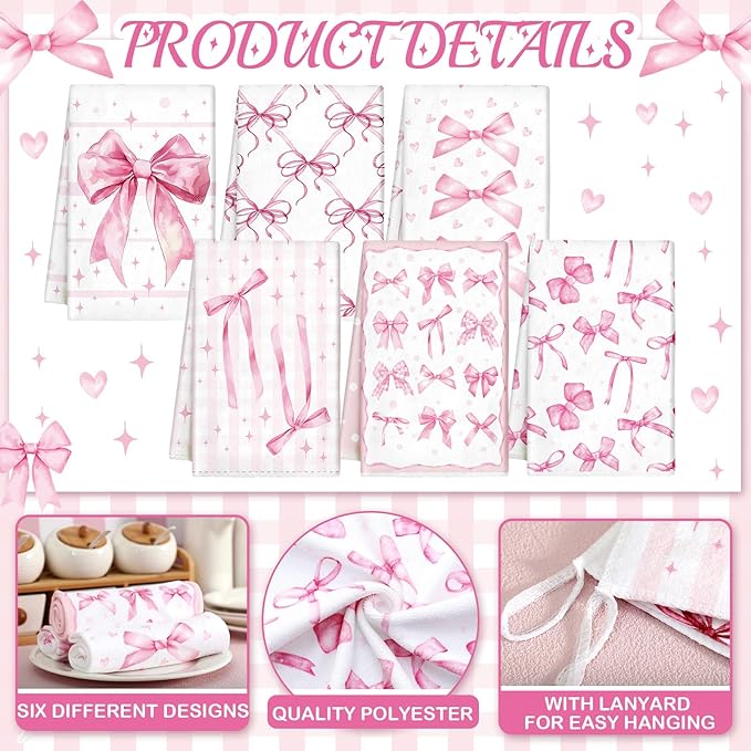 Breling Set of 6 Pink Bow Towels Vintage Pink Dish Towel Bathroom Decorative - Image 3