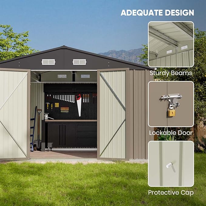 Patiowell 10 x 8 FT Outdoor Storage Shed with Floor Frame, Large Garden Tool Metal Shed with Sloping Roof and Double Lockable Door for Backyard Garden Patio Lawn,Brown - Image 4
