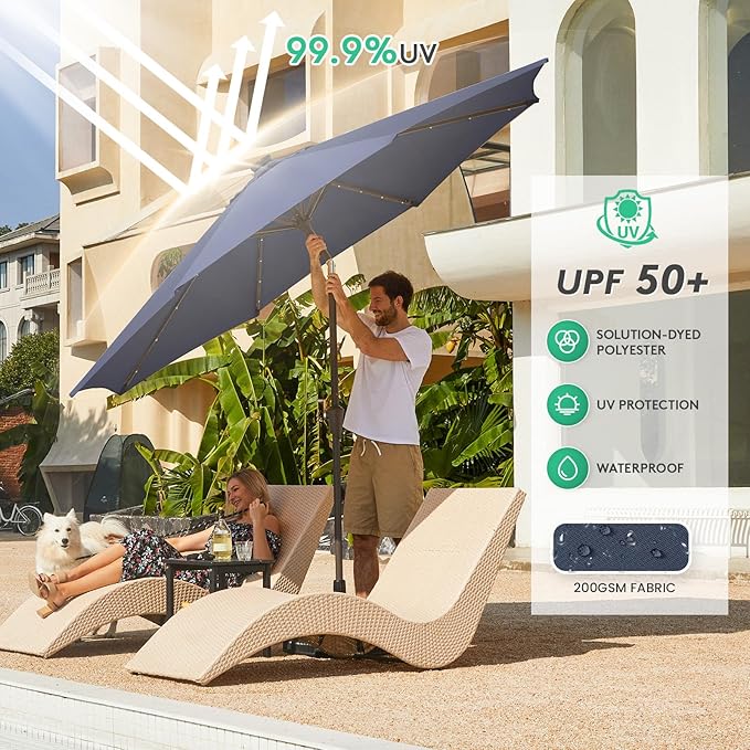 JEAREY 9FT Outdoor Patio Umbrella with Solar Lights, LED Lighted Pool Umbrella with Tilt and Crank, Outdoor Table Umbrellas for Deck, Yard & Market (9ft, Navy Blue) - Image 3